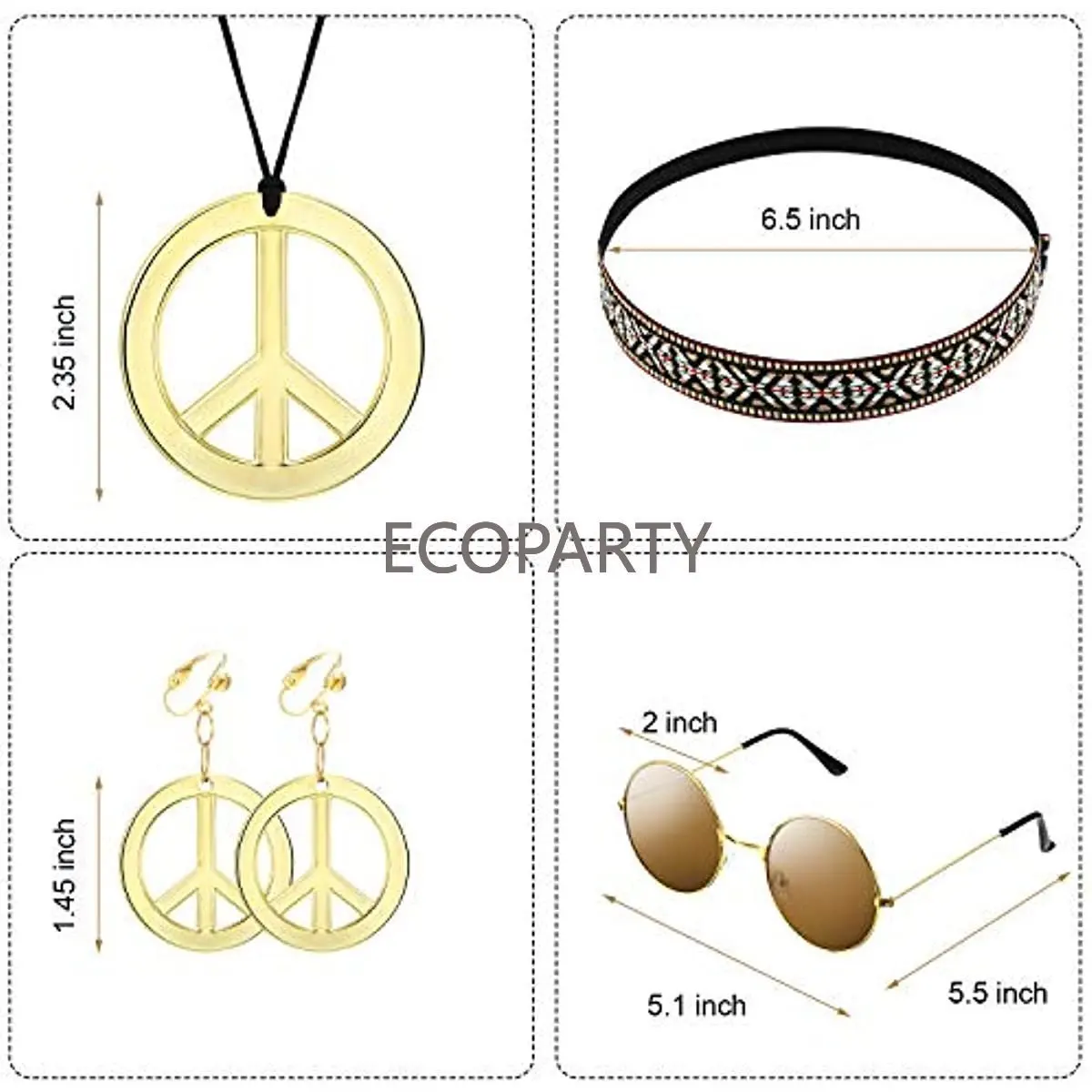 Hippie Costume Set for Women Kit Sunglasses Peace Sign Necklace and Peace Sign Earring Bohemia Headband for 60s 70s Party Set