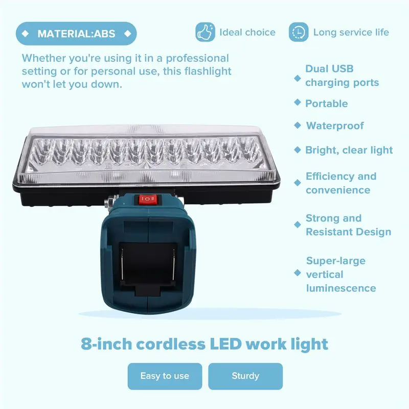 For 18V 14V Dual USB Li- Cordless LED Work Light 8 Inch Flashlight Portable Camping Architectural Lamp