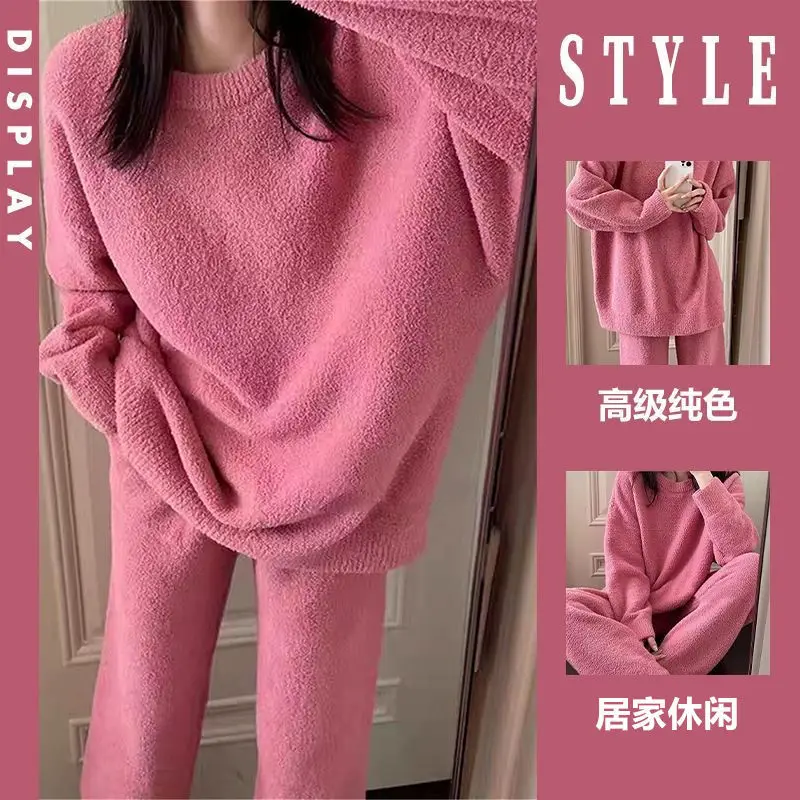 

South Korea coral fleece pajamas winter Women's minimalist premium feel long sleeves thicken flannel girl homewear casual suit