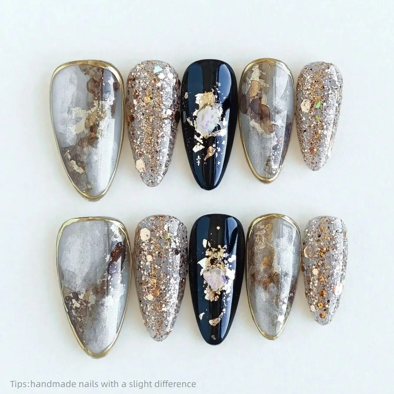 

10 шт. Накладные ногти ручной работы с золотой фольгой, черно-серые, миндалевидные, длинные, роскошные, с опаловым декором
