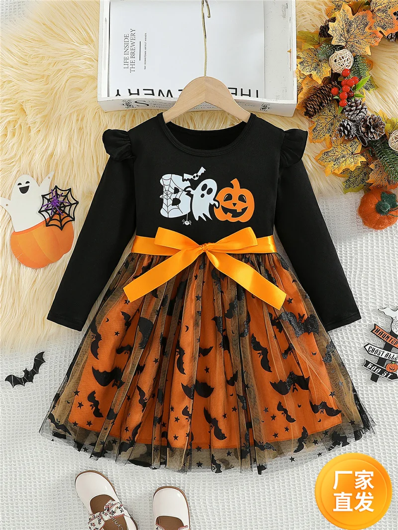 Girls Print Dresses Halloween Costume Kids Long Sleeve Patchwork Tulle Dress Holiday Party Performance Gown Ball 2-6 Years
