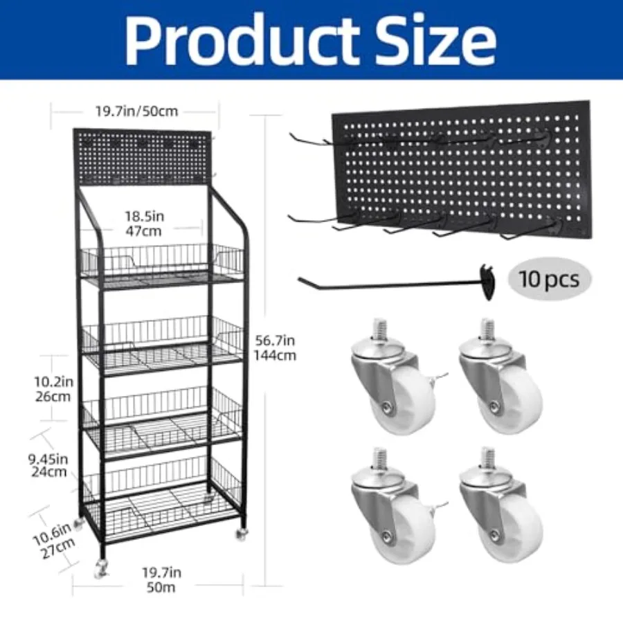 4 Tier Retail Snack Display RackBlack Metal Retail Candy Display Rack with Wheels and 10 Hooks for Convenience Stores Supermark