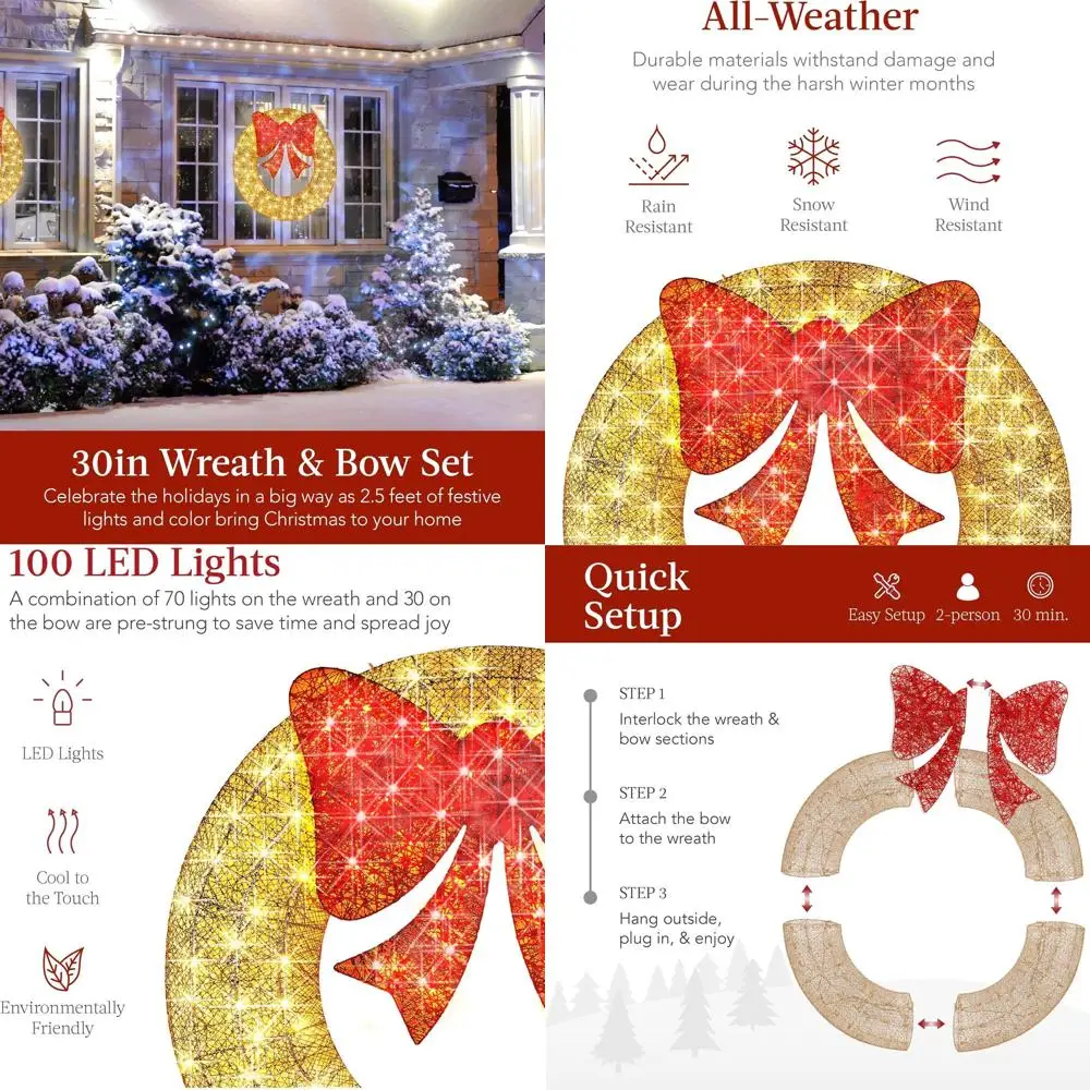 

30 Inch Pre-Lit Christmas Wreath with 100 LED Lights, Gold and Red Bow Outdoor Holiday Decor