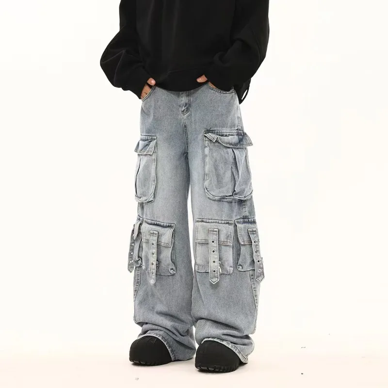 

Топ в стиле панк, хип-хоп, индивидуальная рабочая одежда с несколькими карманами, мужские джинсы 2025 года, американская мода, свободные джинсы в стиле Харадзюку, повседневные брюки для пар