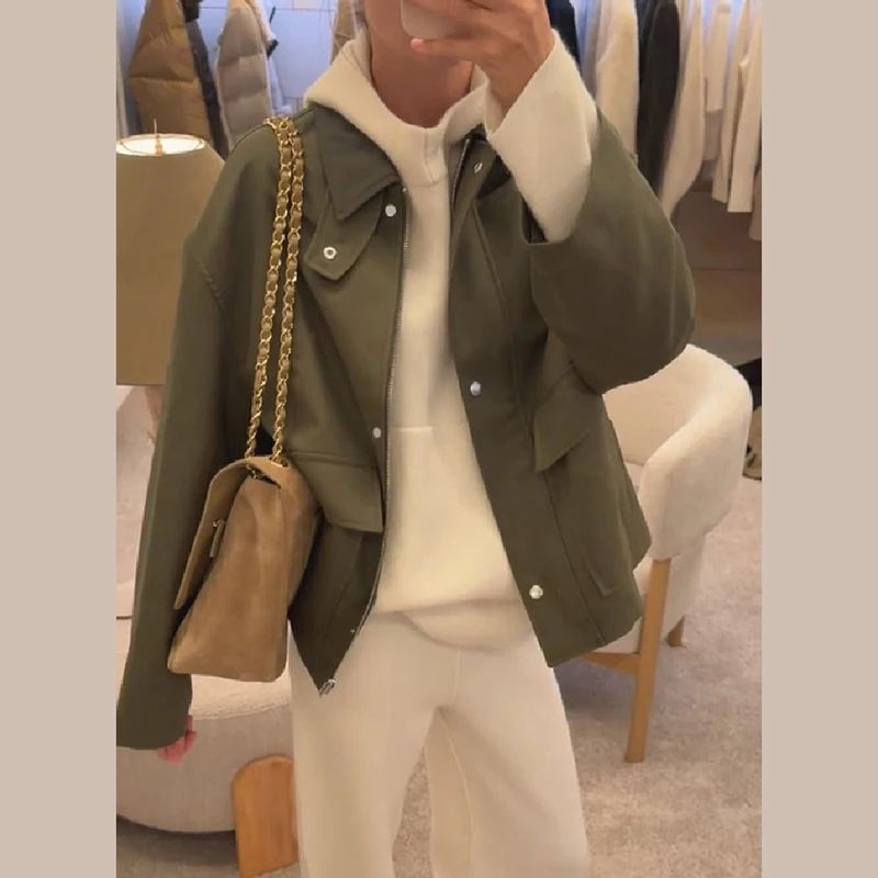 Women Vintage Cropped Coat Fashion Lapel Zip Up Snap Button Utility Pockets Workwear Jacket Fall Casual Commute Loose Outerwear