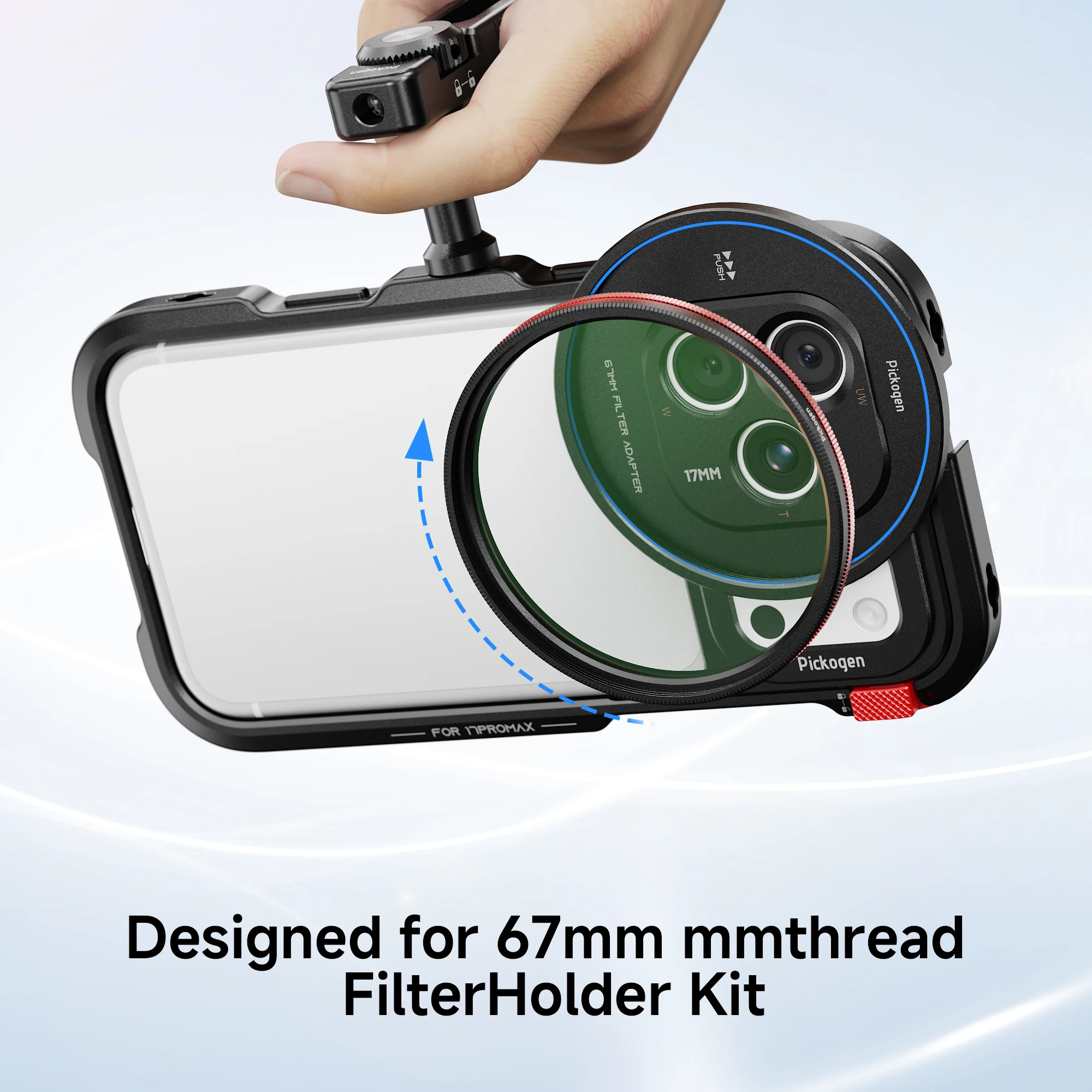 PICKOGEN Handy-Videokäfig-Set für iPhone 17 Pro / Pro Max, doppelte drehbare Griffe, 17-mm-Objektivhalterung, 67-mm-Filteradapter – Detail 5