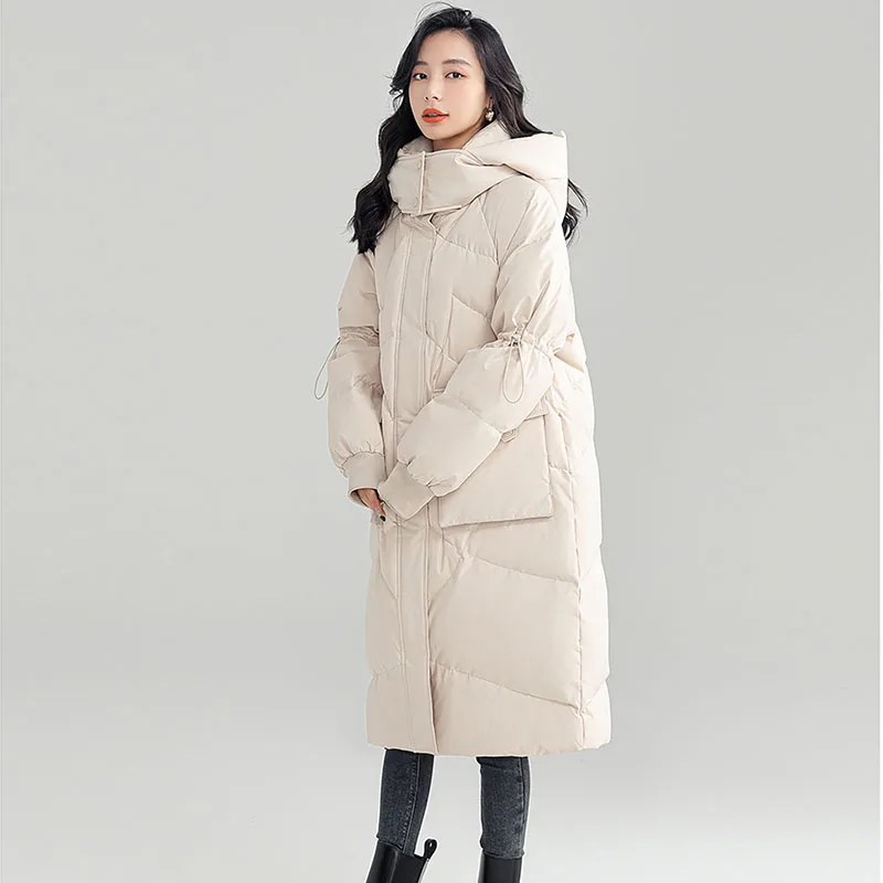 

2023 New Women Medium 90% White Duck Down Jackets High Qualtiy Hooded Warm Coats Casaul Loose Big Pocket Female Down Coat