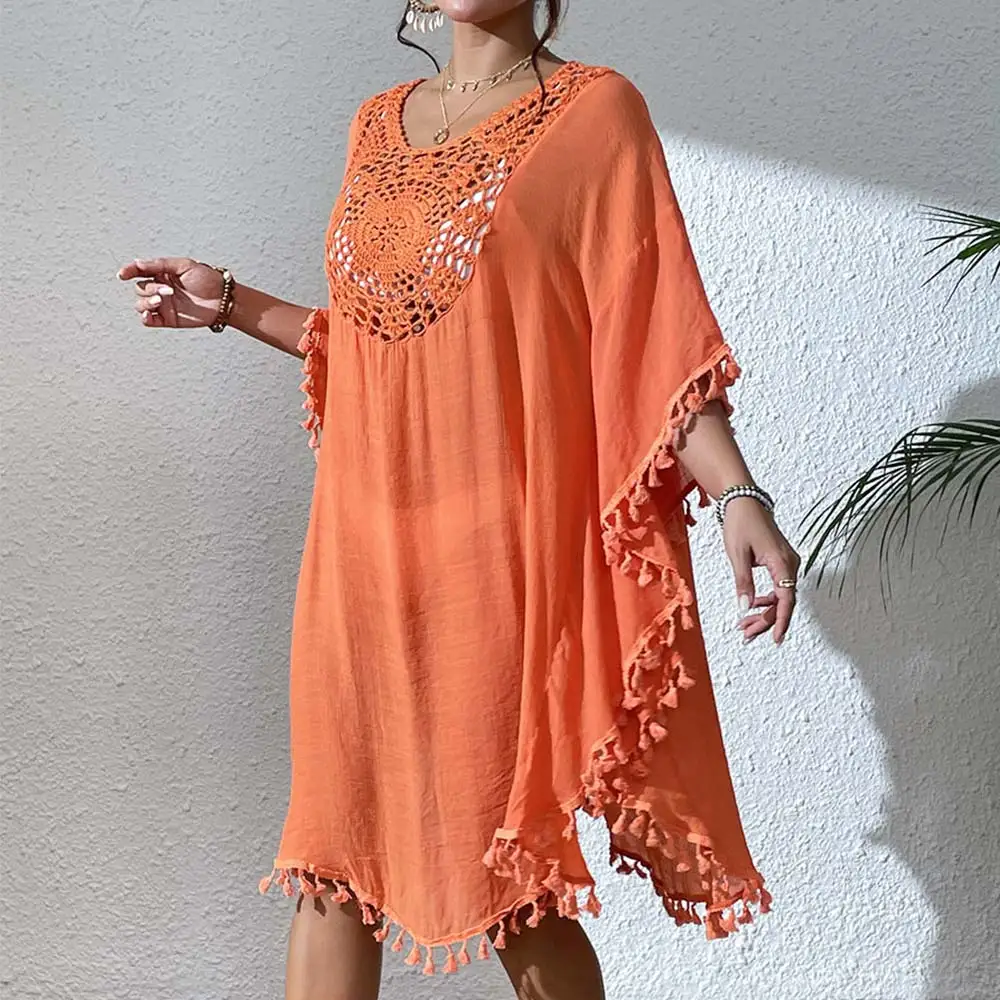 

Fashion Square Neck Summer Sunscreen Smock Loose Hollow Out Beachwear Shirt Vacation Casual Swimsuit Cover Up Dress for Women