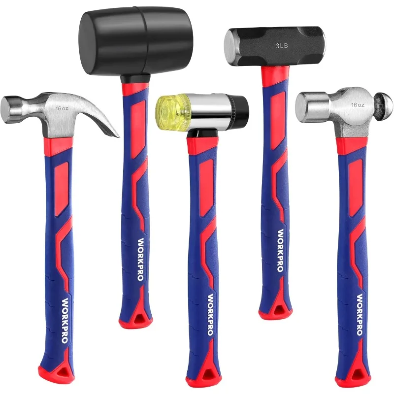 

WORKPRO 5-Piece forge/Polish Steel Head, Fiberglass Handle Set 32oz Rubber Mallet | 16oz Claw & Ball-Peen Hammers | 3lb Sledge