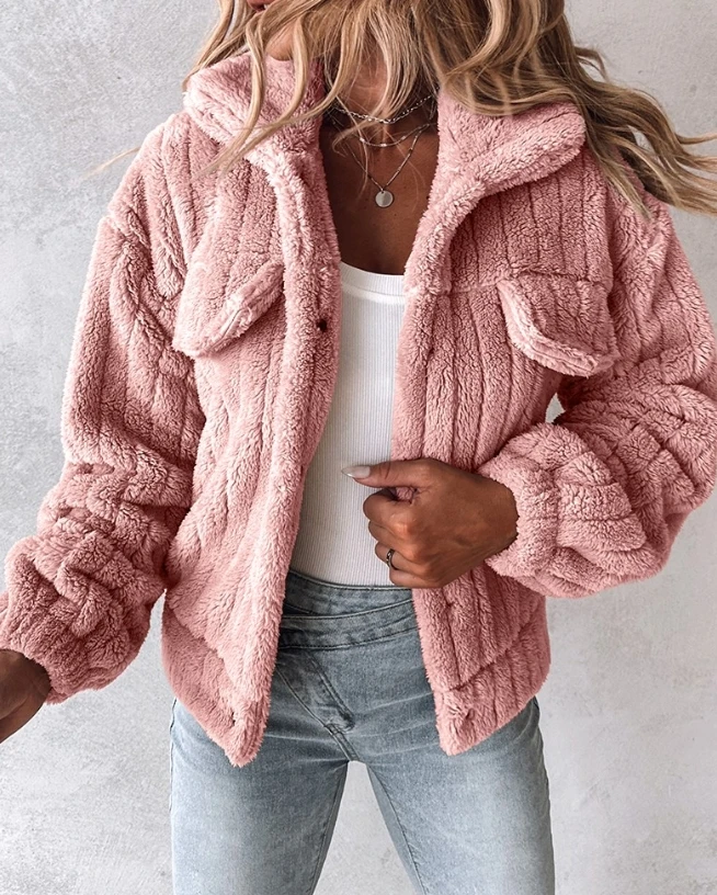 Women's Coat Winter Solid Color Warm Casaul Coat Turn-Down Collar Buttoned Long Sleeved Teddy Jacket Thick Fur Coat