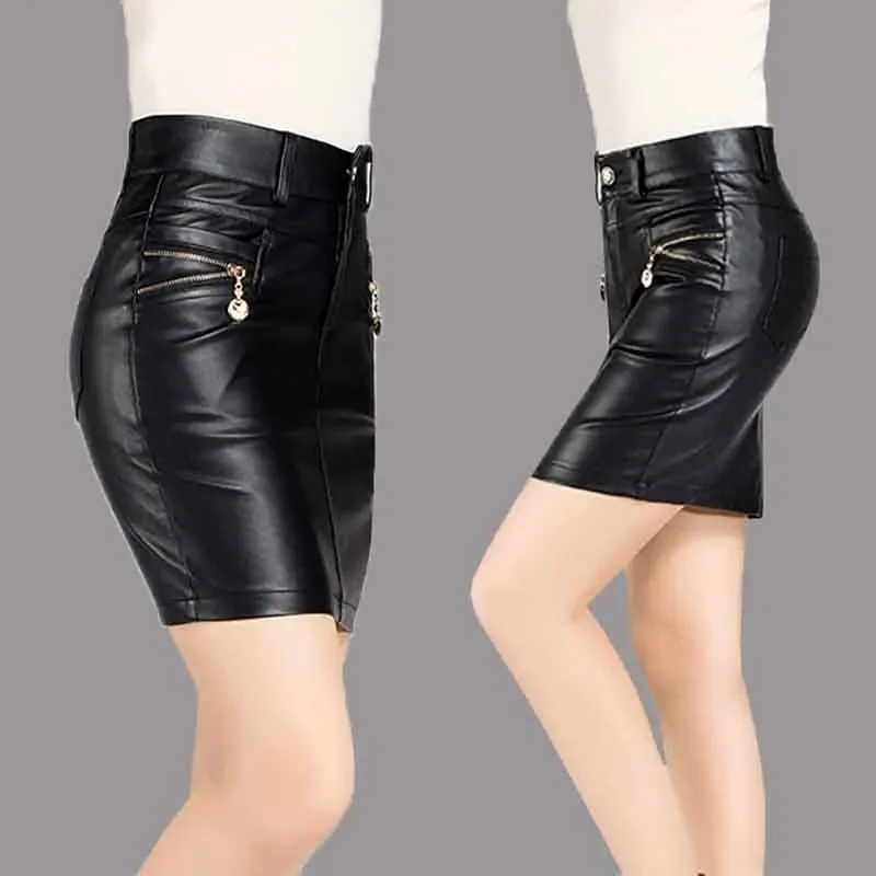 Simplee Sexy high waist PU leather skirt Autumn winter 2017 elegant zipper pocket short women skirt  black  mini skirt