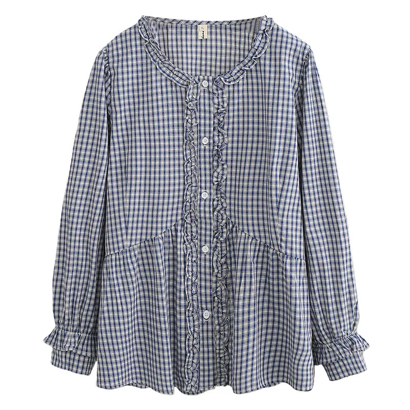 Camicia a Quadri da Donna Taglie Forti XXL, Blusa in Cotone a Maniche Lunghe con Collo Tondo Arricciato, Stile Primavera 2026, Top 1065