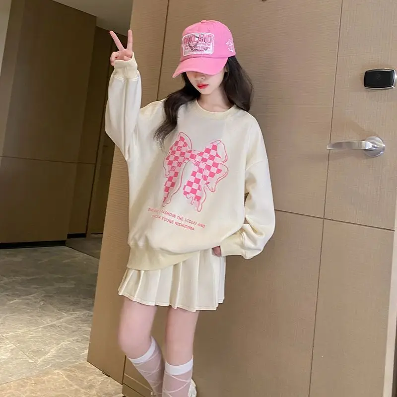 

Spring and Autumn Girl's Suit Crew-neck BlackBow Long Sleeve Hoodie +Pleated Skirt Suit Kids Clothes 4 8 9 10 11 12 13 year