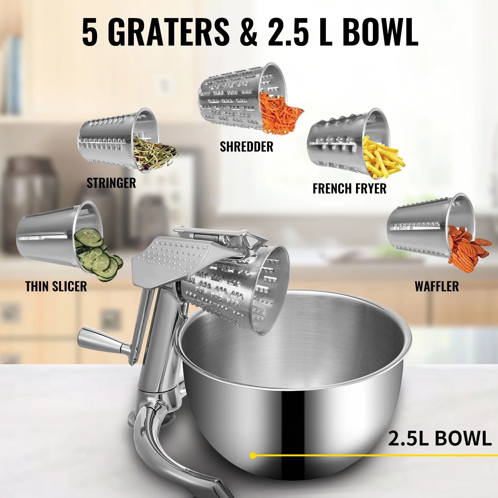 Rotary Cheese Grater, Zinc Alloy Rotary Vegetable Mandoline, Manual Cheese Mandoline with 5 Stainless Steel Cutting Cones, Manual Vegetable Grater with 2.5L Bowl, Rotary Shredder with Suction Ba