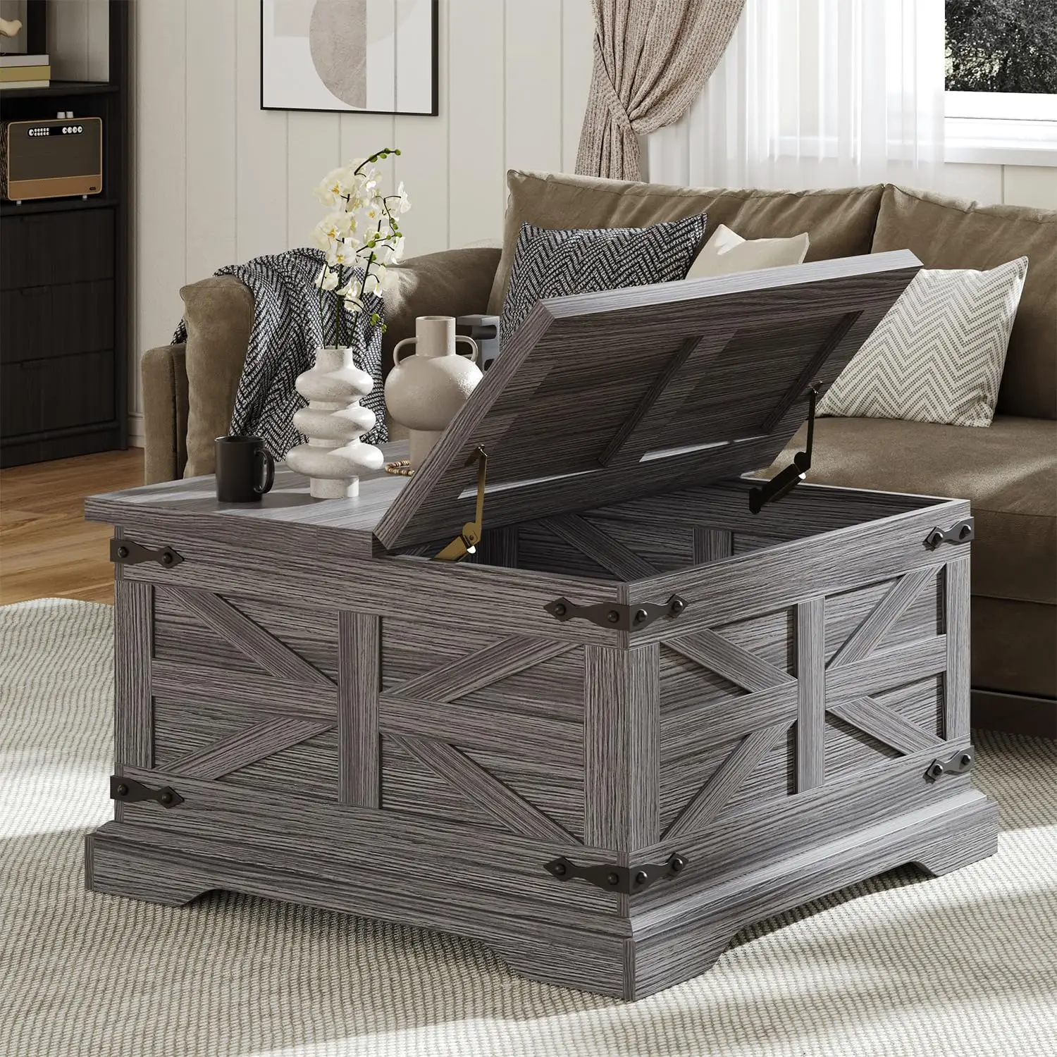 

Farmhouse Coffee Table With Storage, Square Center Table For Living Room, Rustic, Hinged Lift Top Soft Close, Wood,