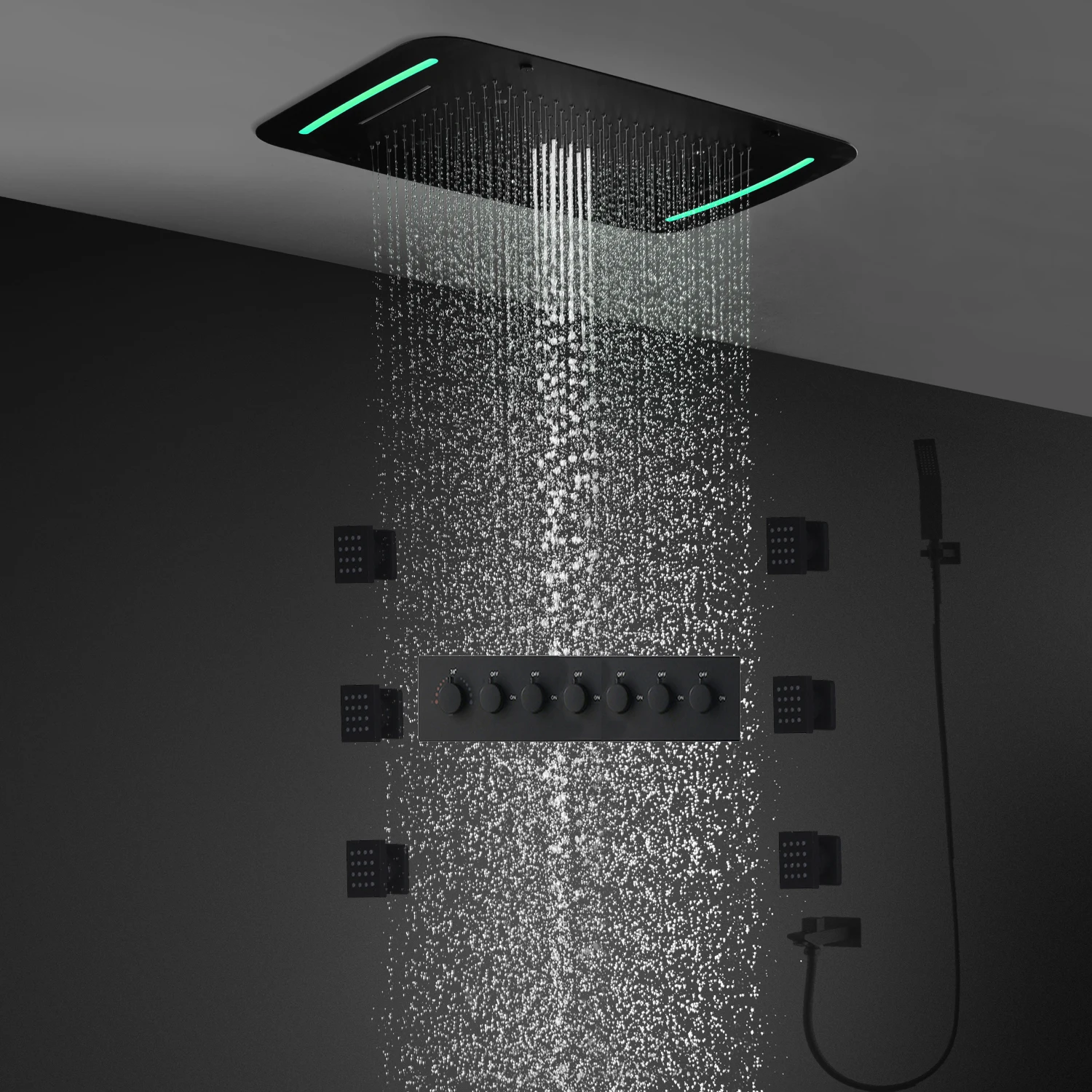 hm Luxury Ceiling Rainfall Shower System Set LED Waterfall Rain Shower Head Batrhroom Thermostatic Mixer Facuets With Side Spray