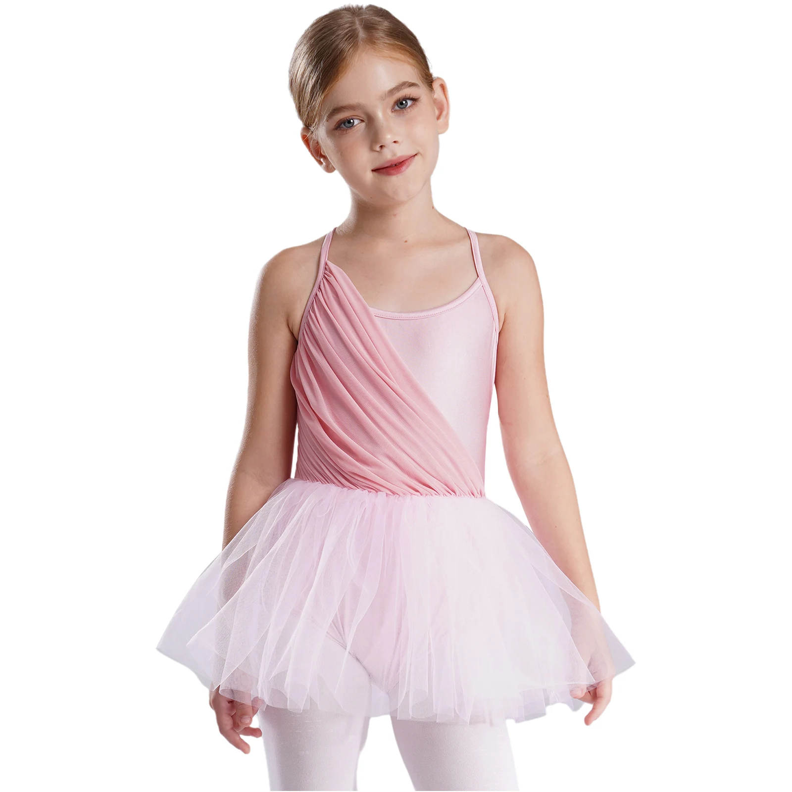 Ballerina Fairy Prom Party Dress Kids Girls Ballet Leotard Tutu Dress Sleeveless Ruched Mesh Patchwork Dance Performance Costume