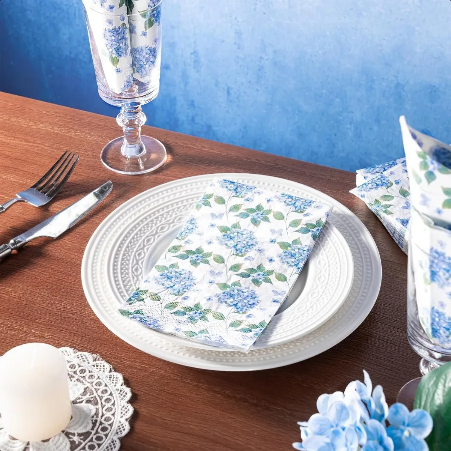 ผ้าเช็ดปากลายดอกไฮเดรนเยีย 25 ชิ้น ผ้าเช็ดมือ 3 ชั้น สำหรับห้องน้ำ งานแต่งงาน งานเลี้ยงฉลองทารก งานเลี้ยงน้ำชา งานเลี้ยงในสวน งานวันเกิด