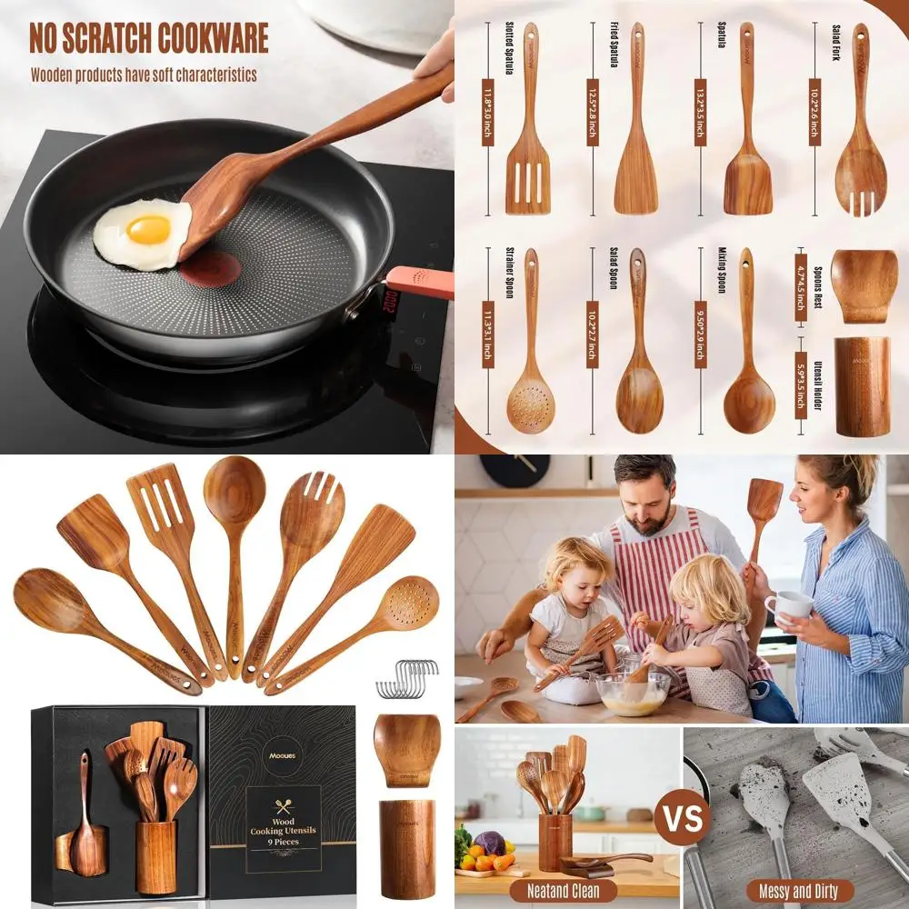 

9-Piece Teak Wood Utensil Set: Smooth Finish, Non-Slip Grip, Heat-Resistant for Comfortable Cooking