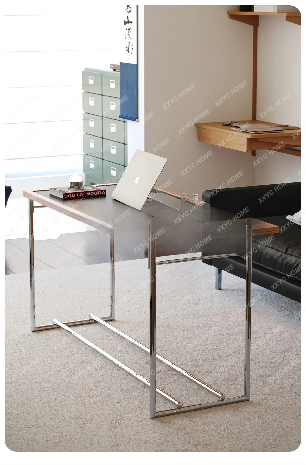 

A Coffee table living room household small apartment tea table retro solid wood stainless steel tea tableEsmt163