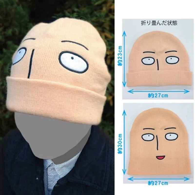 

Anime Cosplay One Punch Face Man Hat Saitama Cosplay Shaven Head Style Winter Warm Wool Cap Halloween Hats