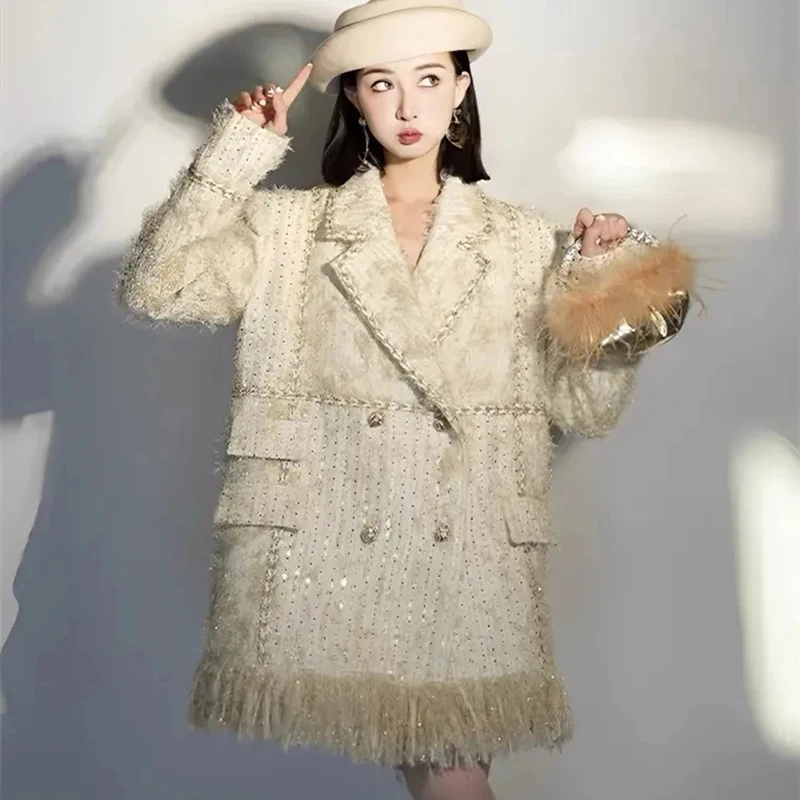 Spring High Elegant Pearls Tassels Buttons Crop Jacket Women Korean Fashion Tweed Coat Womans Pockets Chic Short Coats Female