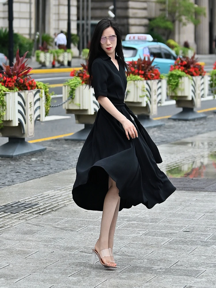 

Ele V-ne Long Dr Women's A-line Skirt Tee-acetate Fiber Slimming Midi Dr Commute Sle Spring Autumn New Arrival