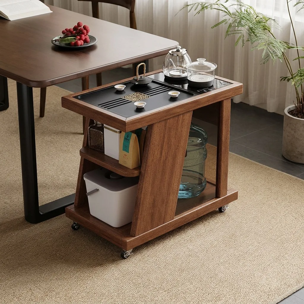 HYS walnut solid wood small tea table living room movable coffee table balcony automatic water supply household tea table kettle