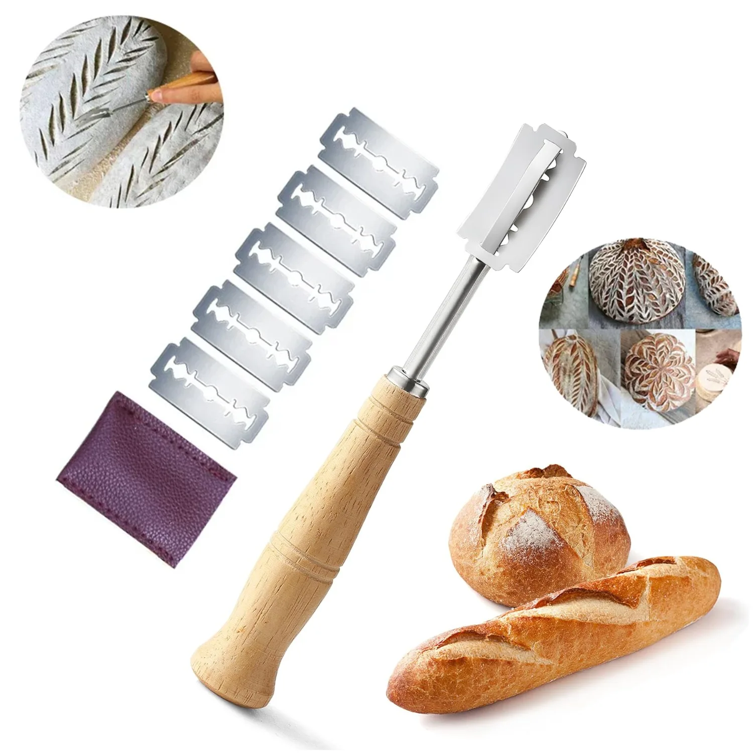 Stainless Steel Bread Lame with Wood Handle Dough Scoring Tool Bread Cutter French Bread Blades Kitchen Gadgets Baking Accessory