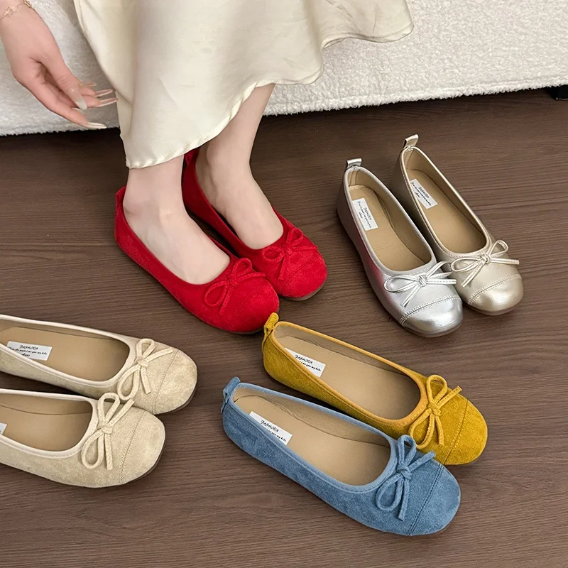 バレエフラットシューズ-レディース-バタフライノット-スリッポン-ローカット-スクエアヘッド-フラットヒール-滑り止め-フェアリーシューズ-快適でおしゃれ