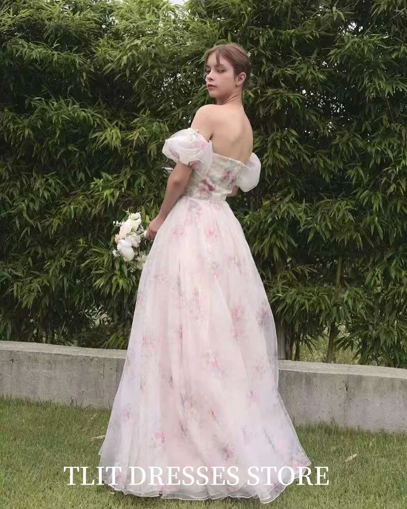 TLIT Lovely Printing Flowers Chiffon A-Line Evening Dress Strapless Off the Shoulder Prom Gowns Customized Vestidos de fiesta