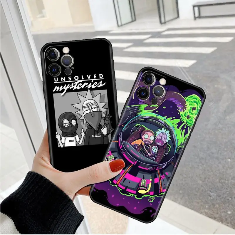 R-Rickss Cute Cartoon Case For Apple iPhone 11 15 13 14 Pro Max 12 Plus X 15Pro Black Silicone Phone Coque