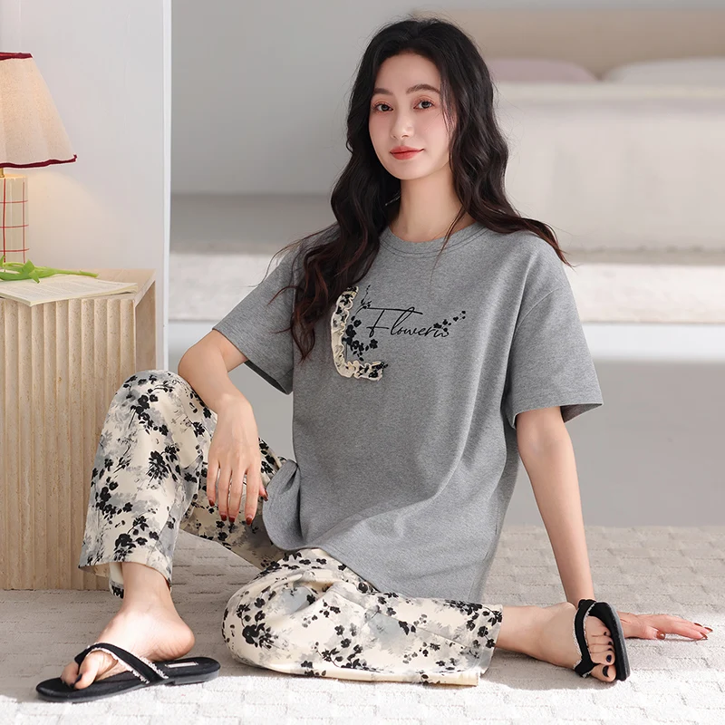 

Summer Women Pajamas Set Female 100% Cotton Short Sleeve Homewear