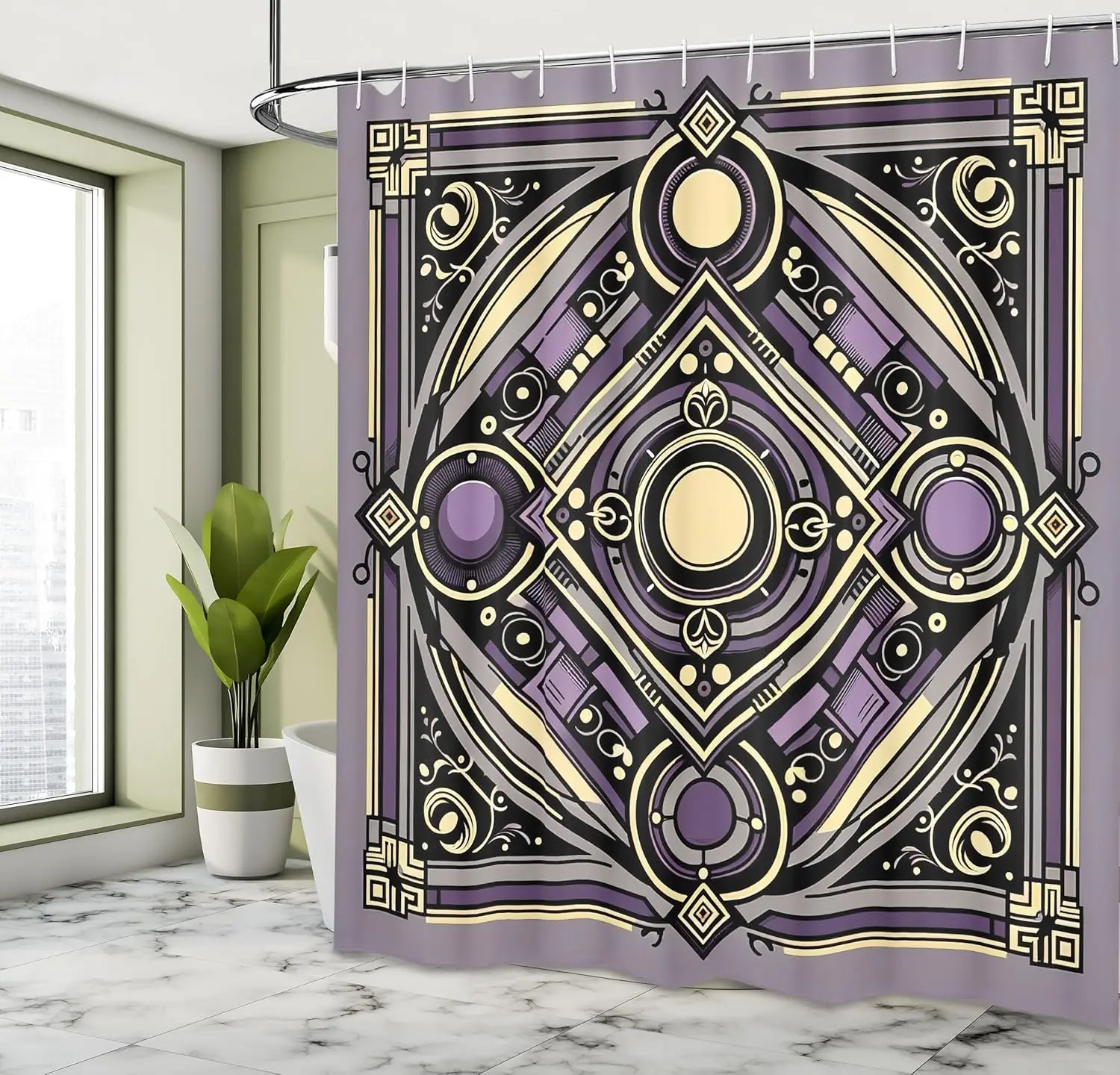 Ethnic Shower Curtain, Diagonal Square with Circles Dramatic and Symmetric Shapes Ornament, Cloth Fabric Bathroom Decor Set