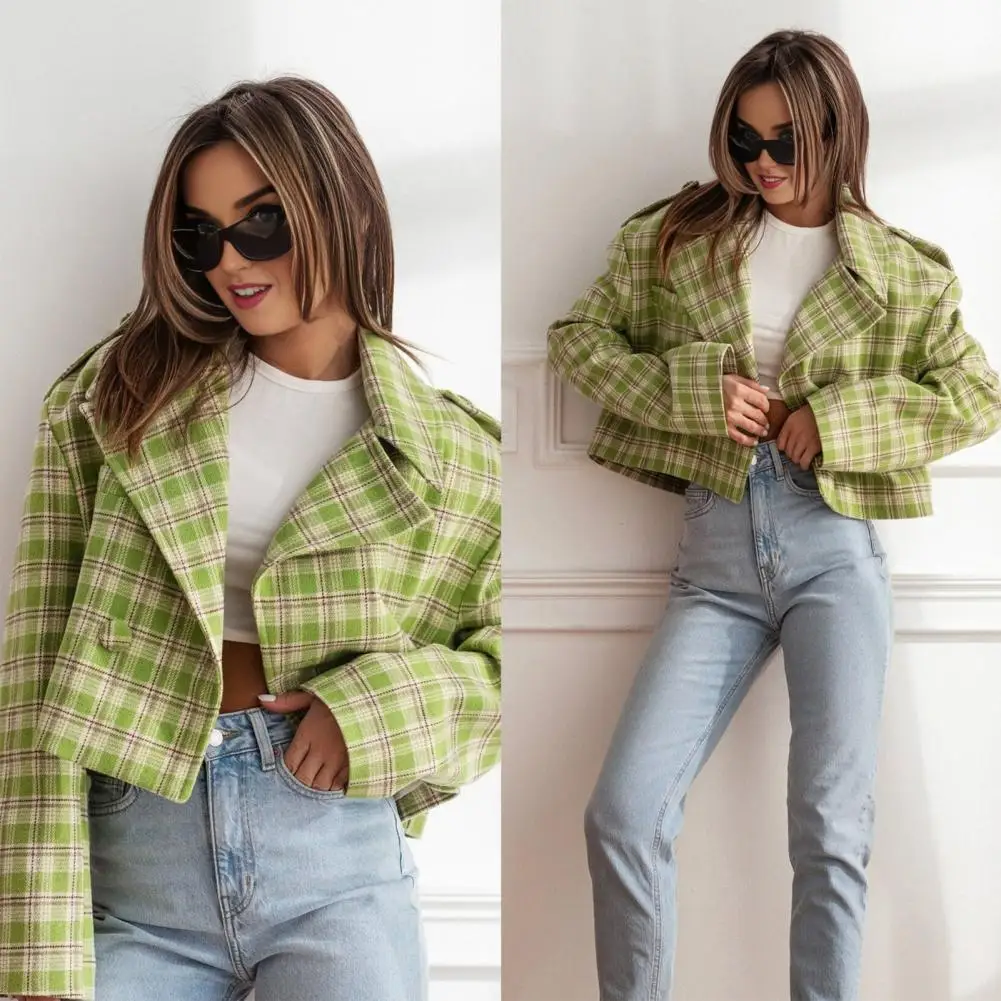 Lapel Collar Jacket Plaid Outerwear Plaid Print English Style Women's Cardigan Coat with Turn-down Collar Button Decor for A