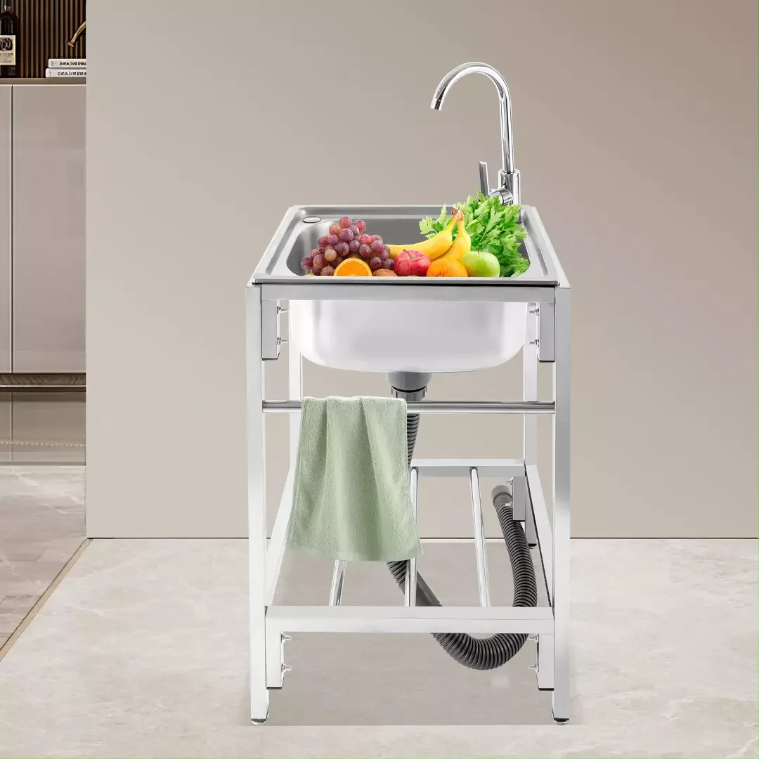 Fregadero de utilidad, lavabo de cocina de un solo cuenco independiente con grifo y estante, fregadero de acero inoxidable