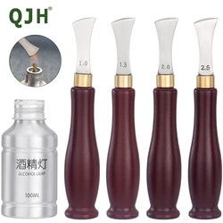 QJH Leather Edge Creaser Line Marker Groover Trimmer With Alcohol Lamp,Stainless Steel Wood Handle Creasing Tool 1.0/1.5/2/2.5mm