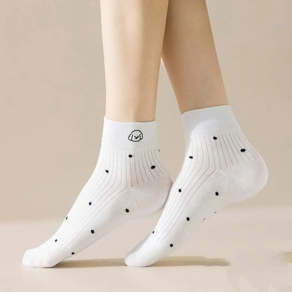 Puppy Cartoon Dog Embroidery Short Socks Stripe Dots Women's Dots Cotton Ankle Sock All-match Ins Korean Style