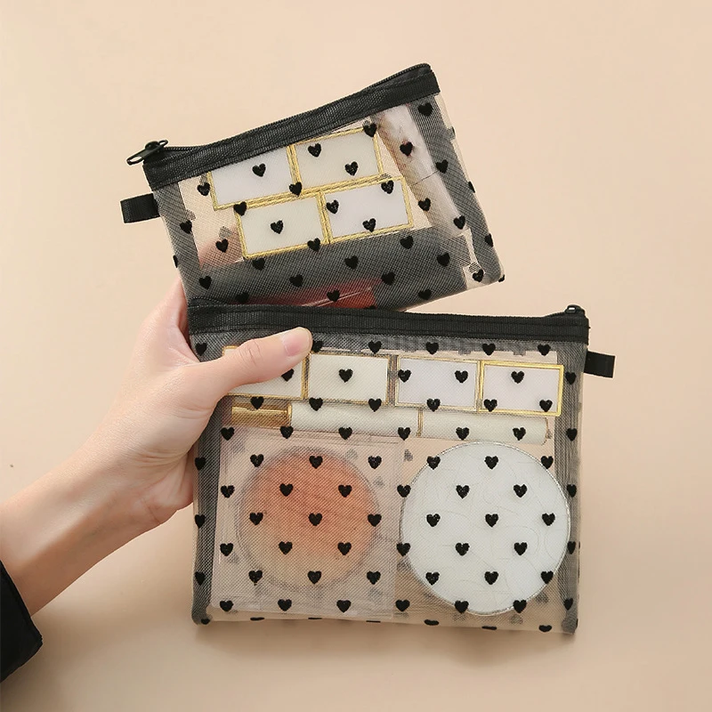 

Transparent Zipper Storage Bag Love Heart Mesh Cosmetic Makeup Bags Wallet Pencil Case Lipstick Bag Portable Travel Wash Bag