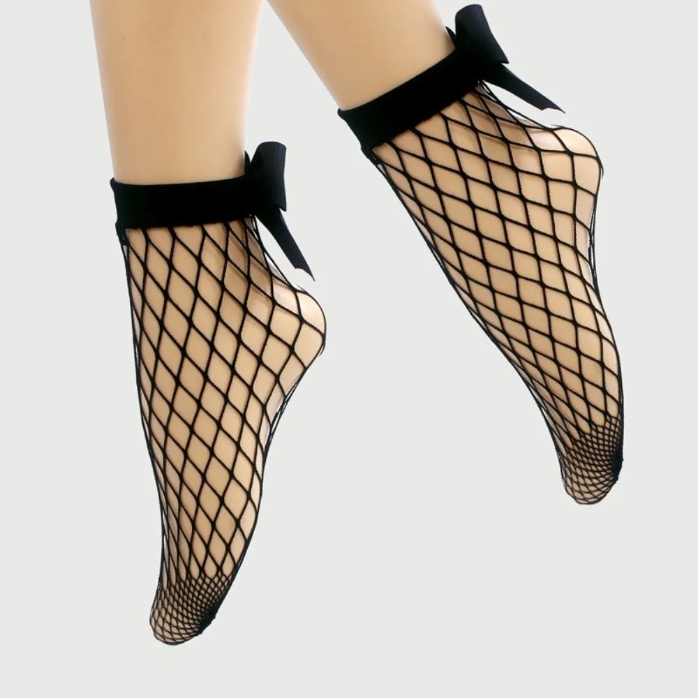 Kawaii Micro/Mid/Large Mesh with Bow Fishnet Socks Non-Slip Vintage Ankle Socks Short Length Breathable Sheer Socks Daily Use