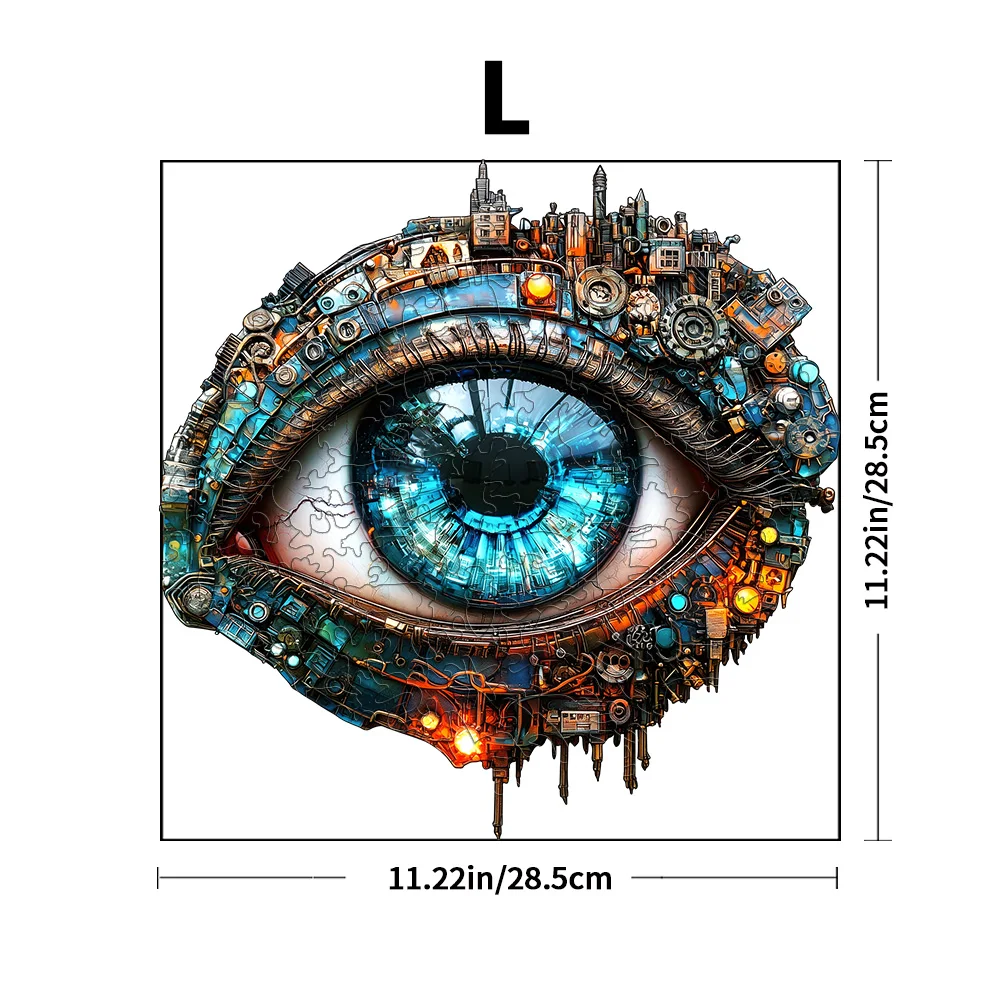 Steampunk Mechanical Eye Wooden Jigsaw Puzzle, Unique Irregular Shape Puzzle, Cool Cyberpunk City Eye Art Puzzle, Home Decor Art