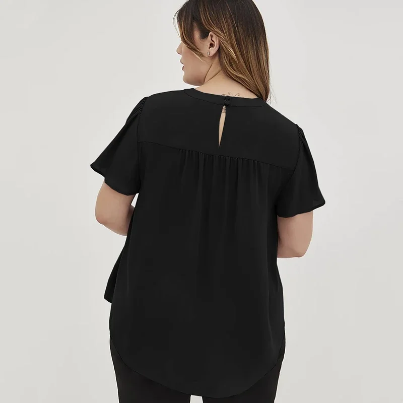 Chemisier en mousseline de soie pour femme, grande taille, devant en trou de serrure, été, élégant, manches courtes à volants, noir, décontracté, affaires, chemise, 7XL, 8XL