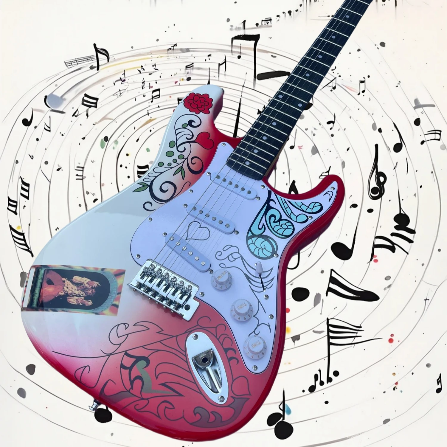 Free Shipping ST Electric Guitar Art Graphic Finish 6 String SSS Pickups Smooth Neck Crisp Tone Home Band Rehearsal Present