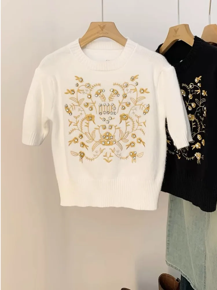 Early Spring Sweater Embroidery Rhinestone Crop Tops Graphic Y2K Women\'s Clothing Short Sleeve Tees Vintage Luxury Knit Pullover