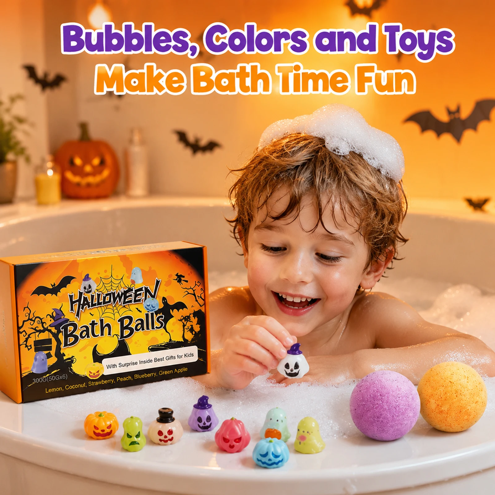 Organic Kids Bath Salt Balls Surprise Hidden Toy Halloween-Themed Enrich Bubble Fun Bathtime Play Bath Bombs Gift Set For Child