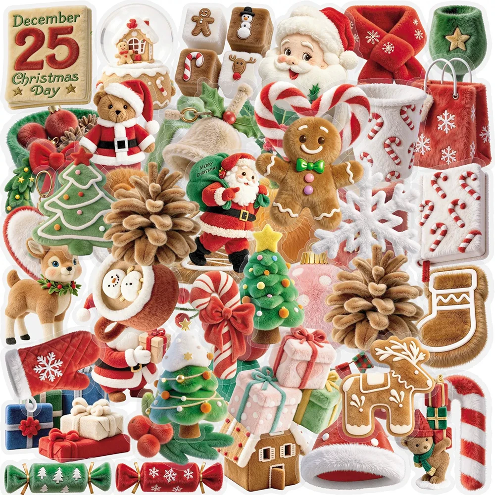 10/30/50pcs Plush Christmas Santa Claus Stickers Transparent Decoration Sticker DIY Laptop Phone Suitcase Cute Decals Wholesale