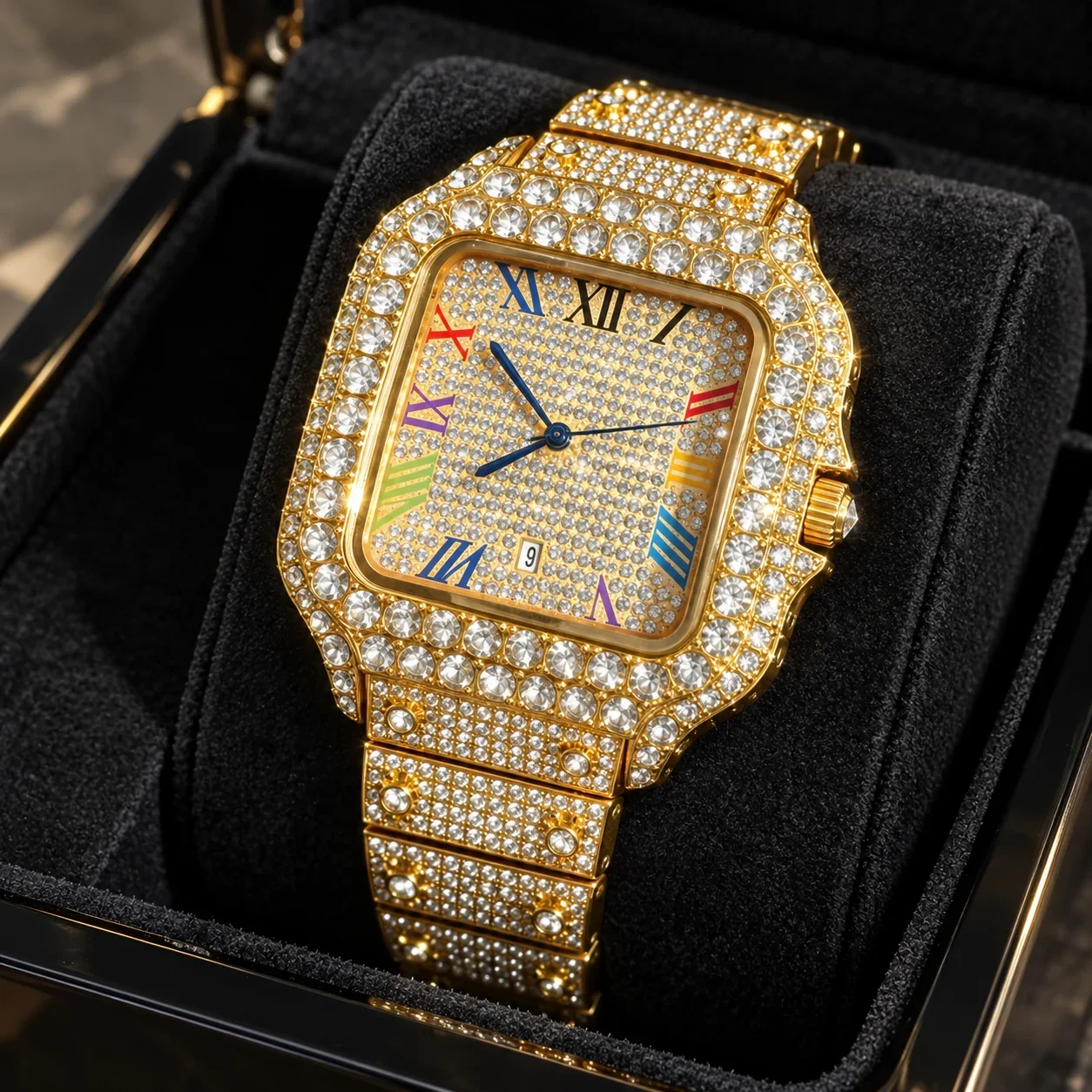 Men's square Roman watch, full chain strap, hip-hop trend luxury party daily watch