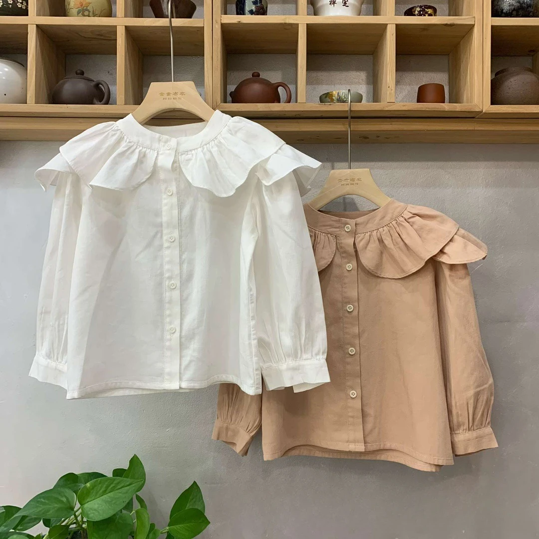 Kids clothes Girls tops size 110-150 spring 2025 Korean version of foreign style lace blouse блузка для девочки школьная