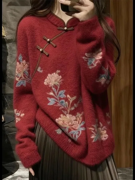 

New Chinese Style Long Sleeve Knitted Sweater Women's Stand Collar Embroidered Soft Korean Version Spring 2026 Fashionable
