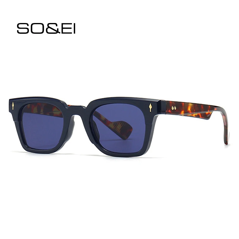 SO&EI Retro Women Square Sunglasses Fashion Punk Rivets Gradient Shades UV400 Men Trending Dark Blue Sun Glasses